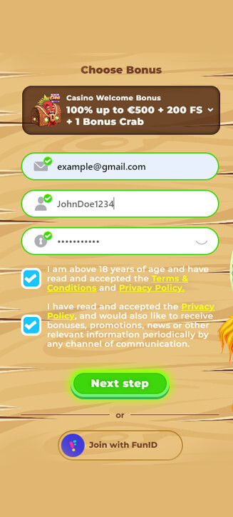 Wazamba registration process on mobile